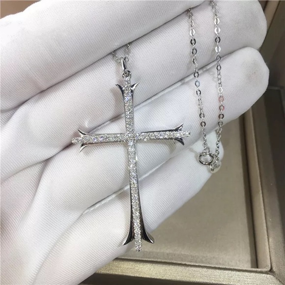 New Unisex 925 Silver Cross Diamond Necklace - Picture 3 of 6